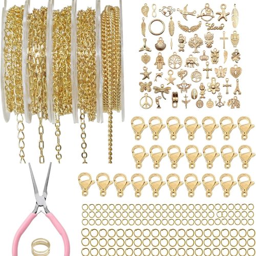 XKCWXY 14K Gold Chain for Jewelry Making,16.4 ft 5 Rolls Jewelry Chains Bulk for DIY Necklace Bracelet Making Accessories with Charm Pendants Jump Rings Lobster Clasps Pliers