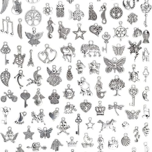 CT1051CT_1 JIALEEY Wholesale Bulk Lots Jewelry Making Silver Charms Mixed Smooth Tibetan Silver Metal Charms Pendants DIY for Necklace Bracelet Jewelry Making and Crafting, 100 PCS
