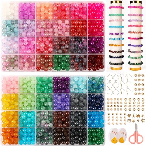 CT1053CT_1 Glass Beads for Jewelry Making, 1300pcs + 8mm 48 Colors Round Crystal Glass Beads Bracelet Making Kit, Bead Starter Kit for Birthday Holiday Gifts
