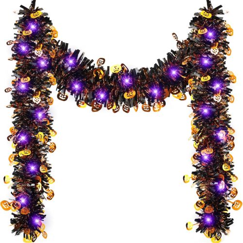 Ceenna 16.4 Ft Halloween Decorations, Halloween Tinsel Garland with 50 Purple LED String Hanging Glitter Tinsel Lighted Shiny Metallic Twist Garland for Indoor Outdoor Tree Decoration Party(Pumpkin)