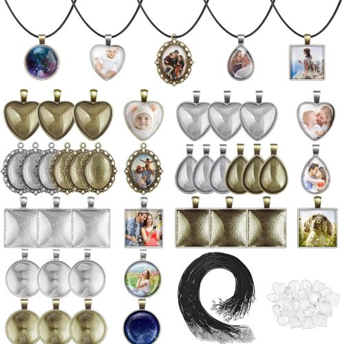 Anezus 90pcs Pendants Trays Set for Jewelry Making Including 30pcs Bezel Blanks, 30pcs Glass Cabochons and 30pcs Necklaces Cords for Necklace Making