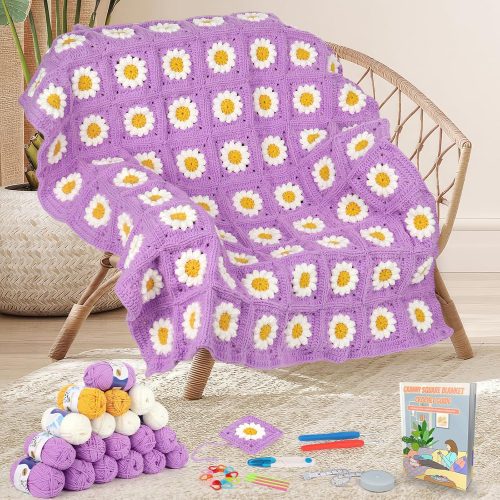 Aeelike Blanket Crochet Kit for Beginners, Granny Squares Crochet Blanket Kit with Soft Yarns Detailed Instruction, Complete Crochet Starter Kit for Daisy Blanket, Easy to Learn Yarn Kit