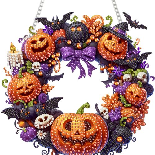 RYMILIE Diamond Art Hanging Kit for Adult,Special Shaped Rhinestone,Double Sided 5D DIY Acrylic Diamond Art Painting Window Pendants Home Garden Wall Hanging Kits Hanging Ornament (Halloween Pumpkin)