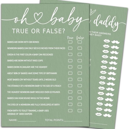 Hilarious Baby Shower Game Cards Ideas, 5" x 7" Double-Sided Baby Shower Games for Girl or Boy, Green Minimalism Gender Reveal Party Supplies - D08