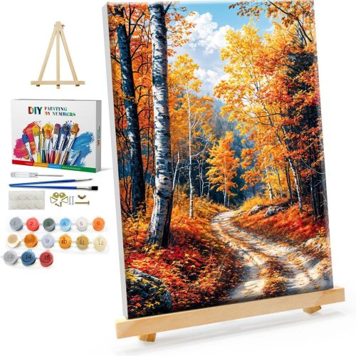 YOYA Framed Paint by Numbers Kit for Adults - Fall Forest Adult Paint by Number Kits on Canvas with Easel, DIY Autumn Landscape Paint by Number Framed Canvas for Home Wall Decor 8x12 Inch