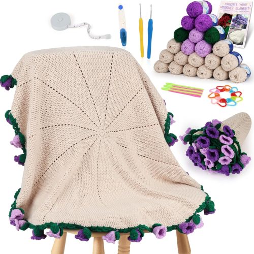Aeelike Crochet Blanket Kit, Flower Bouquet Blanket Crochet Kit for Beginners Roll Up Blankets Crochet Kit with Enough Yarn Detailed Instruction, Easy DIY Kit for Women & Home Decor, Bellflower