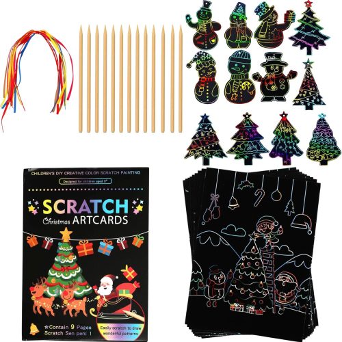 OPUHOHR Christmas Scratch Paper Art Set, Rainbow Scratch Off Notebooks Arts Crafts Supplies Set, Christmas Tree Snowman Scratch Paper Card for Kids DIY Christmas Gift Birthday Card