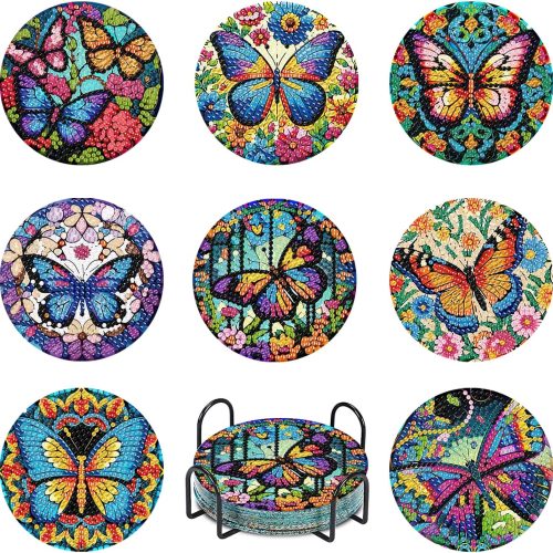 CT1212CT_1 8 Pcs Butterfly Diamond Painting Coasters Kits with Holder, DIY Butterfly Diamond Art Coaster Non Slip Coaster for Tabletop Protection 4x4 Inch