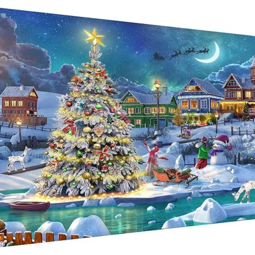 Christmas Night Diamond Painting, DIY 5D Diamond Painting Kits for Adults Full Drill, Christmas Tree with Moon Diamond Painting Well Decor 28x16 inch
