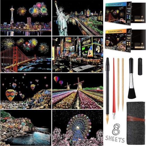 Scratch Painting Kits for Adults & Kids, Rainbow Painting Night View Scratchboard(A4), Crafts Set: 8 Sheets Scratch Cards with 6 Tools in Bag - New York, Statue of Liberty, Seattle(America/Europe)