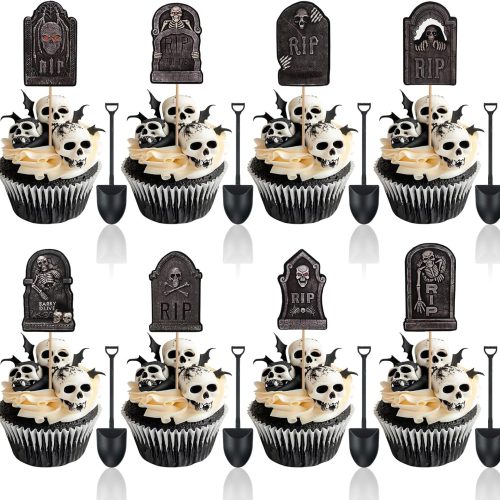 48 Pcs Halloween Cupcake Toppers - Tombstones Graveyard Cake Topper, Halloween Cake Decorations with Mini Shovel Spoons, 8 Designs Helloween Cupcake Picks for Kids Birthday Helloween Party Decorations