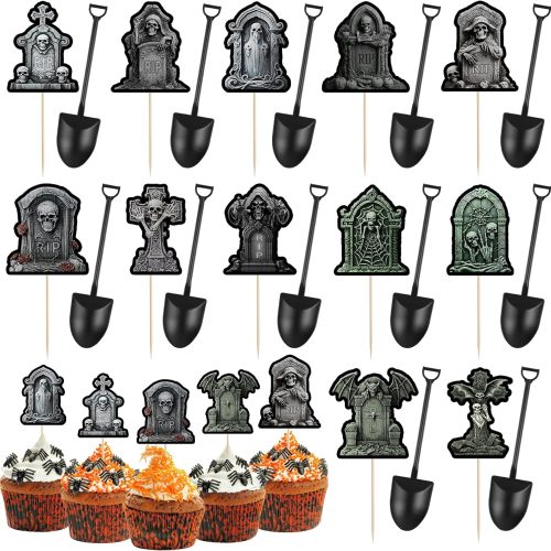 DIYASY 48 Pcs Halloween Cupcake Toppers, Tombstones Cake Decorations Graveyard Cupcake Picks with Novelty Mini Shovel Spoons for Baking Food Décor Birthday Cake Decoration Party Supplies