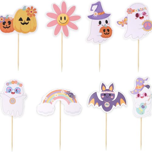 24pcs Cute Halloween Cupcake Toppers - Ghost, Bat, Pumpkin Liners with Toothpicks and Glue Points for Kids' Birthday Party (8 Styles)