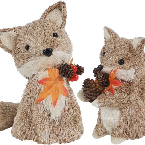 winemana Fall Decor Thanksgiving Decoration Sisal Fox, Set of 2 Table Centerpiece Foxes Animals Figurines, Handmade Ornaments Autumn Fall Decorations for Home Mantel Fireplace
