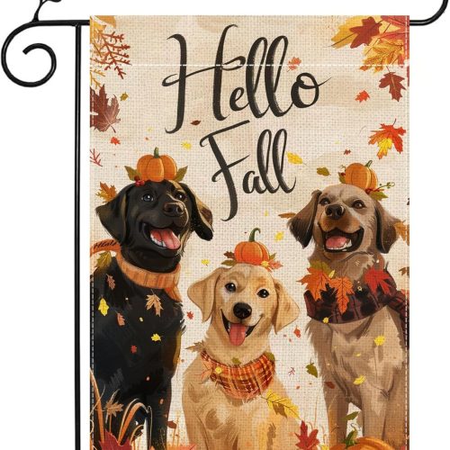 Fall Dog Garden Flag for Outside 12x18 Inch Double Sided Burlap Maple Leaf Pumpkin Farmhouse Holiday Outdoor Yard Flag Home Decorations