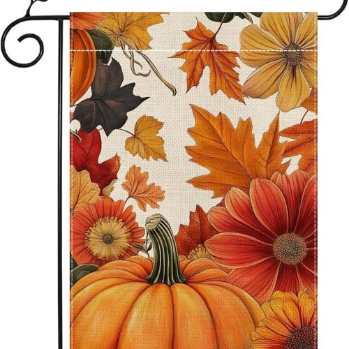 Fall Pumpkin Garden Flag for Outside 12x18 Inch Double Sided Burlap Autumn Thanksgiving Maple Leaf Sunflower Flowers Farmhouse Holiday Rustic Outdoor Yard Flag Home Decorations