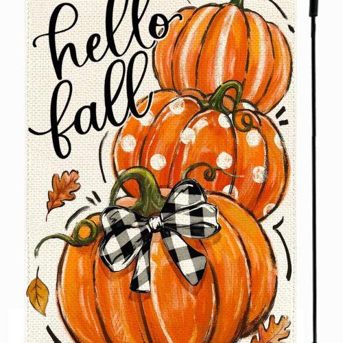 Hello Fall Garden Flag 12x18 Inch Double Sided Outside, Autumn Harvest Pumpkins Seasonal Holiday Small Yard Outdoor Decoration