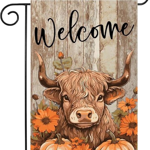 Fall Highland Cow Garden Flags 12x18 Double Sided, Welcome Fall Pumpkin Yard Flag for Outside Decor, Autumn Thanksgiving Holiday Outdoor Seasonal Decorations for Home
