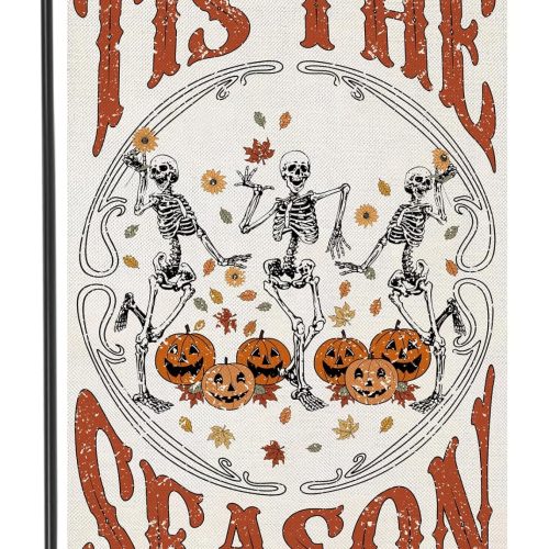 Thanksgiving Halloween Garden Flags 12x18 inch Double Sided, Seasonal Fall IT'S THE SEASON Skeleton Decorations, Small Autumn Halloween Decor for Yard Outside
