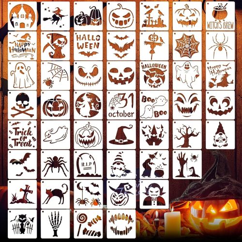 50 PCS Halloween Stencils Reusable Ghost Bat Pumpkin Stencils for Painting on Wood Rocks Canvas Fabric Glass Pottery 4x4 Inch