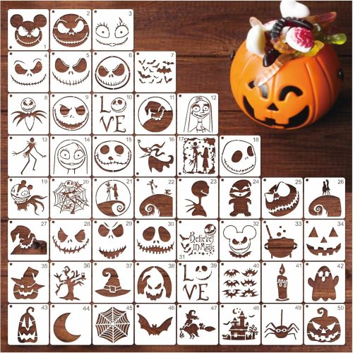 Small Halloween Stencils for Painting on Wood Reusable, Halloween Stencils for Crafts Burning Drawing Art Paint Stencils for Ornament Door Hanger Card Wall Cake Cookie (50 Halloween)