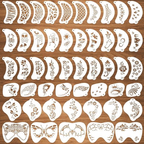 50 Pcs Face Paint Stencils Set – Reusable Body & Face Painting Templates for Kids & Adults – Makeup Stencils for Halloween, Parties, Carnival, Temporary Tattoo Art