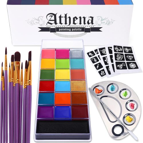 UCANBE Athena Face Body Paint Oil Makeup Set, 20 Colors FX Halloween Party Painting with Stainless Steel Mixing Palette and Spatula Tool,10 pcs Artist Paintbrushes,Tattoo Stencil Arts Crafts kit