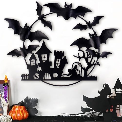 Halloween Iron Bat Wreath - 20in Metal Wall Decor Featuring Bats, Haunted Castle, Witch & Tree for Indoor Outdoor