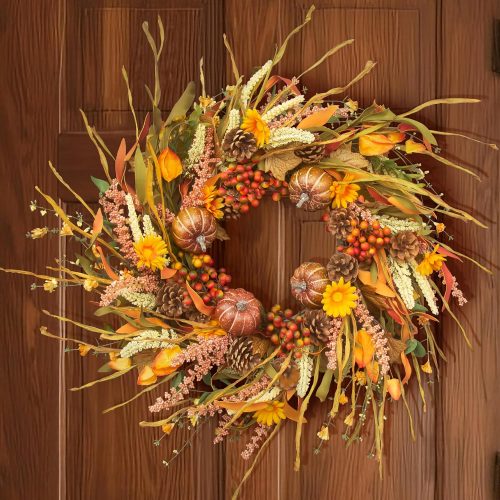 26" Pumpkin Fall Wreath with Pinecones & Berries, Autumn Artificial Lavender Wreath for Front Door Outside Thanksgiving Halloween Window Home Wall Farmhouse Holiday Indoor Outdoor Décor
