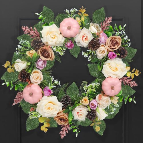 Fall Wreaths for Front Door Outside 24inch Large Autumn Wreath with Pink Pumpkins, Rose,Babysbreath,Eucalyptus& Leaves for Fall Door Wreath and Outdoor Wreaths Indoor Thanksgiving Decorations