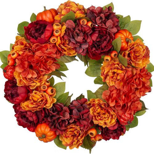 24" Artificial Fall Floral Wreath for Front Door Autumn Wreath with Pumpkin Peony Hydrangea for Halloween Thanksgiving Day Indoor Outdoor Farmhouse Window Wall Décor