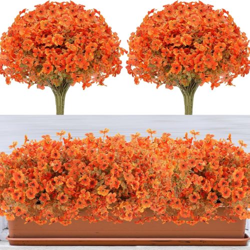Fall Flowers Artificial for Decoration, Artificial Fall Mums Flowers for Outdoors, Fake Flowers Daisy Eucalyptus Realistic UV Resistant for Garden Patio Porch Home Decor (12, Orange-Green Leaves)