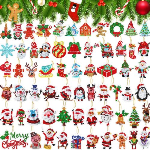 Hungdao 64 Pcs Diamond Art Christmas Ornaments Kits Christmas Crafts for Adults Diamond Gem Art Winter Hanging Ornaments 5d DIY Painting Keychains Xmas Crystal Tree Snowman Home Decor(Classic Red)