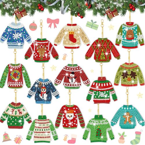 Estune 15 Pcs Christmas Diamond Painting Keychain Kits Christmas Party Sweater Theme 5d DIY Diamond Art Kits for Adults Xmas DIY Crafts Hanging Ornaments Home Decor