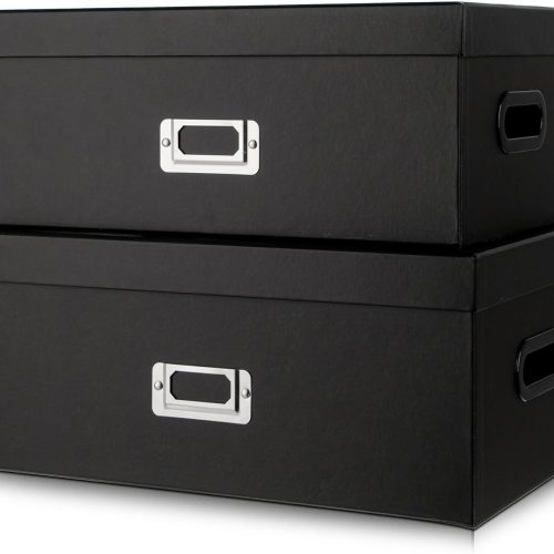 Briful Decorative Storage Boxes with Lids Set of 2 – 14'' + 13'' Set Rectangular Nesting Boxes – Cardboard Organizer with Lift-Top Lid – Black Wood for Home & Office