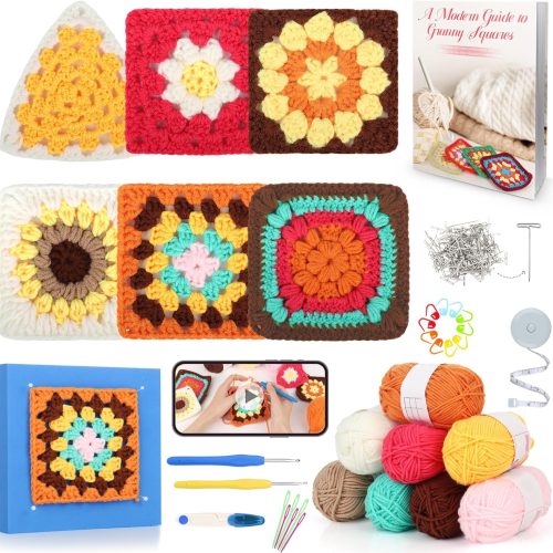 Katech Crochet Kit for Beginners Adults & Kids-Learn to Crochet Granny Square Kit with Step-by-Step Video-Enough Yarn for Crocheting-Crochet Blocking Mat and All Accessories You Need