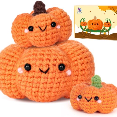 Crochetta Crochet Kit for Beginners, Crochet Starter Kit with Step-by-Step Video Tutorials, Crochet Animal Kits for Adults and Kids, DIY Craft Supplies, 3 Pack Halloween Pumpkins Family (40%+ Yarn)