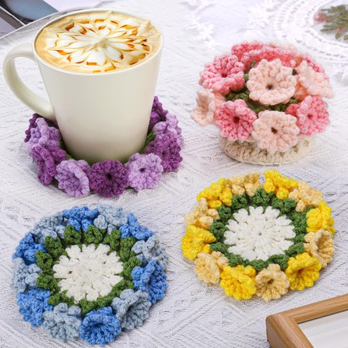 Crochet Kit for Beginners-4PCS Coaster Flower Pot Crochet Kits Coaster Crochet Starter Kit with Crochet Yarns,Hooks, Easy Videos Tutorials to Crochet for Office, Coffee Table, Home Decor
