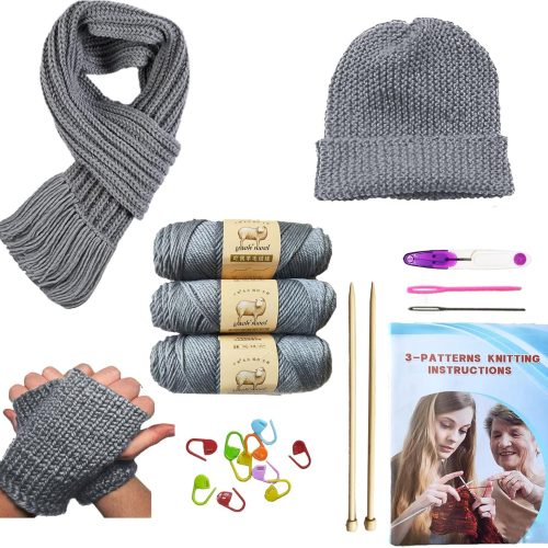 Knitting Kit for Beginners Adults & Kids, Crochet Kit for Beginners with Step-by-Step Guide, Learn to Knit Starter Bundle for Scarves, Hats & Gloves Includes Wool Yarn, Needles & Accessories (Gray)