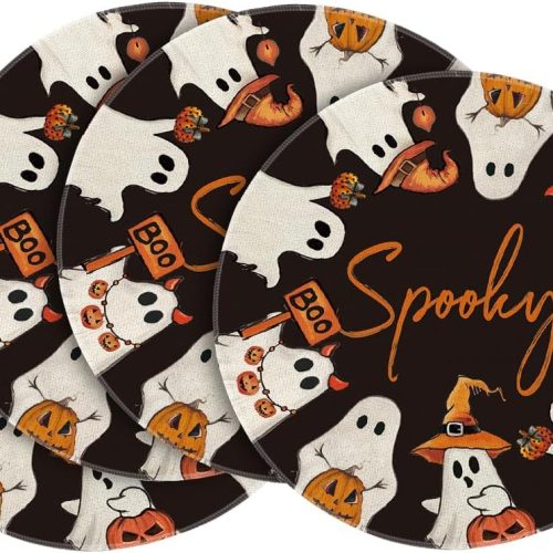 Artoid Mode Spooky Ghost Halloween Round Placemats Set of 4, 14 Inch Table Mats for Party Kitchen Dining