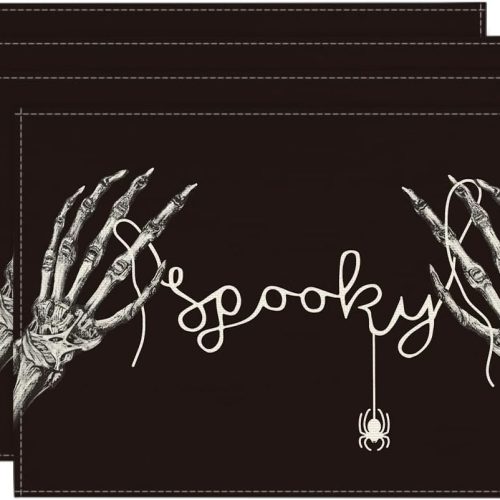 CT2674CT_1 Artoid Mode Skeleton Hand Halloween Placemats Set of 4, 12x18 Inch Fall Floral Spider Table Mats for Party Kitchen Dining Decoration