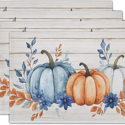 Fall Placemats 12×18 Inches Set of 4 Blue Orange Pumpkin Thanksgiving Festival Indoor Kitchen Dining Table Place Mats for Home Party Decoration