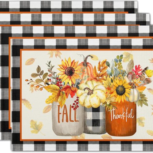 Fall Sunflower and Pumpkin Linen Placemats Set of 4 12x18 Inch Buffalo Check Plaid Autumn Flower Leaves Place Mat Heat-Resistant Washable Wipeable Table Mat for Party Kitchen Dining Home Decor