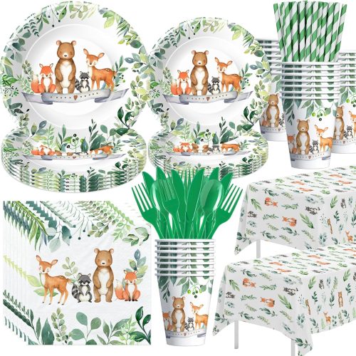 Woodland Baby Shower Decorations Tableware Boy, Woodland Birthday Party Supplies, Plate, Napkins, Cup, Cutlery, Tablecloth, Forest Creatures Animal Theme Party Table Decoration, Serve 24