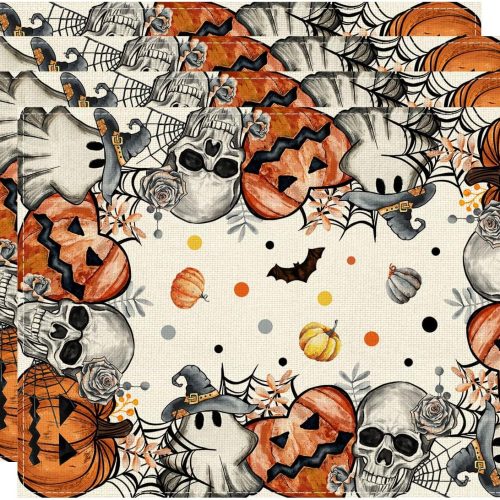 XCHI Spooky Skeleton Ghost Pumpkin Halloween Placemats Set of 4 Table Mats for Party Home Kitchen Dining Table Decorations 12x18 Inch