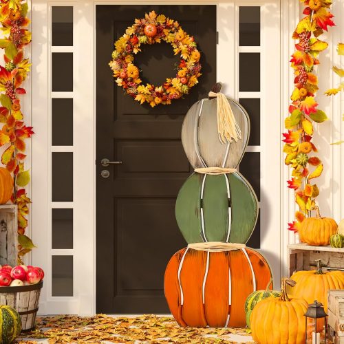 Fall Stacked Pumpkins for Home Front Porch Decor 35 Inch Wood Fall Pumpkin Outdoor Decor Thanksgiving Harvest Farmhouse Pumpkins Sign for Yard Front Door Garden Patio Outdoor(Classical)