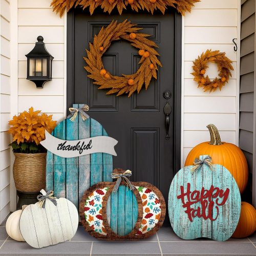 Kigley Set of 4 Outdoor Fall Decorations for Home Wood Pumpkin Porch Signs for Front Porch Happy Fall Decor Thanksgiving Yard Decor Welcome Sign for Decorating Outside Front Door Patio(Classic Style)