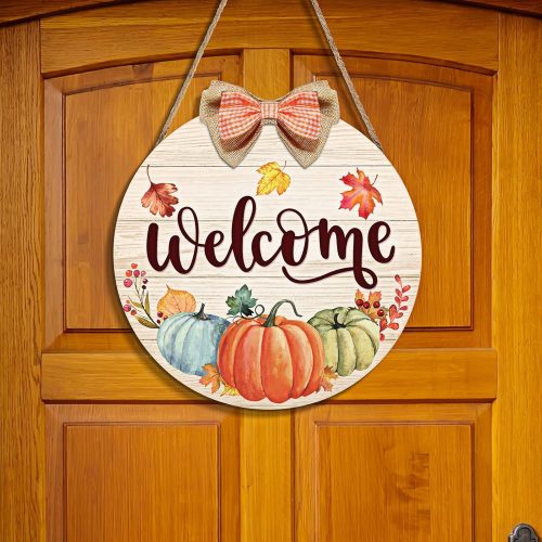 Thanksgiving Door Sign Fall Welcome Sign Autumn Pumpkin Wood Door Sign Rustic Round Welcome Door Hanging Sign for Fall Thanksgiving Harvest Front Door Porch Wall Home Indoor Outdoor Decor, 12 Inch