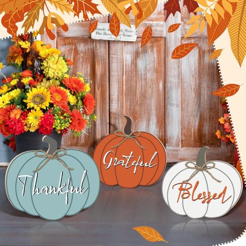 Gerrii 3 Pcs Fall Decorations for Home Outdoor Thanksgiving Pumpkin Wood Porch Standings Rustic Pumpkin Grateful Thankful Blessed Welcome Home Sign for Front Door Porch Garden Yard Patio
