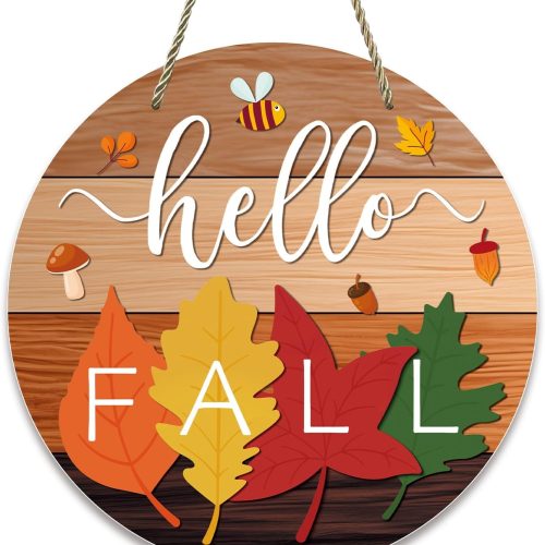Hello Fall Door Sign 11.8" Autumn Maple Leaves Welcome Fall Wreath Hanging Sign for Home Rustic Door Hanger Farmhouse Fall Sign Harvest Thanksgiving Front Door Decor Porch Indoor Outdoor Decor